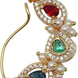 Shree Art Multicolour Stone Nath, Traditional Maharashtrian Clip-On Nose Ring with Pearls, Gold-Toned Wedding Jewellery-image-30
