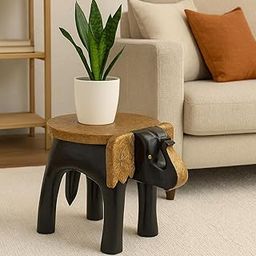 MAJESTIKA Handcrafted Elephant Wooden Side Table – Antique Finish Accent Stool | Carved Tabletop for Living Room, Bedroom, Balcony | Decorative Wooden Furniture-image-21