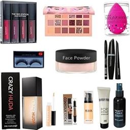 CRAZY HUDA Women's Ultimate Makeup Kit - Red Edition | Includes Lipstick, Eyeshadow Palette, False Eyelashes, Face Powder, Kajal, Eyeliner, Mascara, Foundation, Liquid Concealer, Contour Stick, HD Glow, Primer, Fixer & Makeup Sponge-image-2