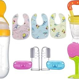 Roforuf Silicone Baby Food Dispensing Spoon Bottle 90ML 1pc, Fruit Feeder/Nibbler/Pacifier 1pc, Fruit Shape Teether 1pc, Finger Tooth Brush 2pcs and Baby bib 3pcs (Combo of 8) (Yellow)-picture-1