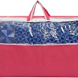 Kuber Industries Multiuses Non-Woven Rectangular Underbed Storage Bag/Cloth Organizer/Blanket Cover/Closet Organizer With Top Tranasparent Window & Handle (Pink)-1