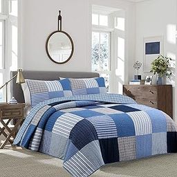 Cozy Line Home Fashions Navy Blue Brown Tan Plaid Striped 100% Cotton Reversible Quilt Bedding Set, All-Season Coverlet Bedspread (Denim Patchwork, Twin - 2 Piece)-24