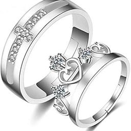 Couple Rings Crown King Queen Stylish Valentine Jewellery American Diamond Adjustable Love Heart Silver Finger Ring Set Combo for Women Girls Men Boys Girlfriend Lovers -CFR-M143-image-78