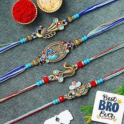 eCraftIndia Set of 4 Peacock Rakhis | Best Bro Ever Fridge Magnet | Roli Chawal Pack | Designer Rakhi for Brother Bhaiya Bhai Bhabhi Kids-4