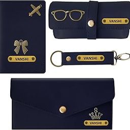 Personalized Women’s Gift Combo with Leather Long Wallet, Passport Cover, Sunglasses Case and Keychain; Giftset for Valentines, Birthdays & Wedding Anniversary (Dark Blue)-2