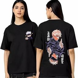 Cotton 3/4 Sleeve Women Oversized Black T-Shirt, Juju Kaisen Girl Oversized Back Printed T Shirt-image-24
