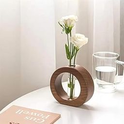 FLORIQUE Modern Wooden Circular Flower Vase with Glass Tube - Minimalist Tabletop Decorative Display for Home & Office-image-13
