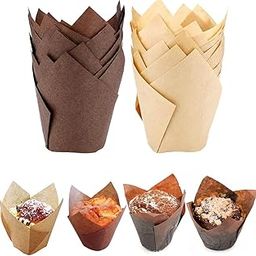 Supvox® 100Pcs Cupcake Liner, 5cm Diameter Tulip Cupcake Paper Cups, Food Grade Greaseproof Paper Baking Cups Muffin Liners Holders for Baking Weddings, Birthdays, Baby Showers, Brown & Beige-53