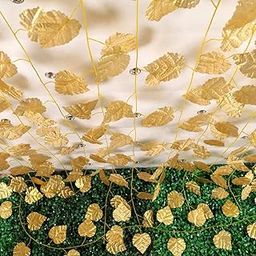 Fabric Artificial Maple Plant Creepers Leaves for Wall Hangings and Aesthetic Home Decoration (3 Strings, 7 Ft), Orange, Artificial Plant, Fabric, Plastic Leaves_Set of 3_Gold Color_for Interior-0