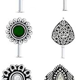 Oxidised nose pin for women | Clip on | Press On | Without piercing | Silver | Latest nose pin deigns (Combo of 6)-image-19