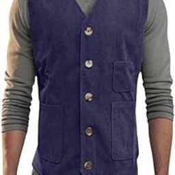 Men’s Corduroy Vest Vintage V-Neck Slim Fit Suit Waistcoat Casual Sleeveless with Pockets-image-22