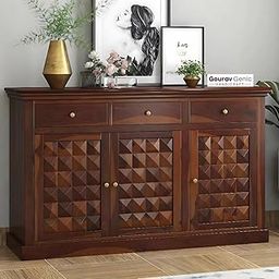 Gouravgenic handicraft Solid Sheesham Wood Sideboard TV Cabinet for Living Room |Sideboard Storage Cabinet with 3 Drawers & 2 Cabinet Storage Furniture for Home|Cabinets for Office (Brown Finish, D1)-image-94