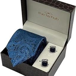Blue Silk Paisley Necktie with Navy Blue Cufflinks Combo for Men-image-97
