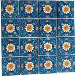 Blue Pottery Home Decorative Ceramic Wall Hanging Tile Design Flooring Tiles Floral Kitchen Washroom Mosaic Furniture Tile Handmade Backsplash 3 x 3 Inches (Pack of 16, Blue)-picture-28