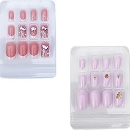 Press On Nails Set, 24 Pieces Pink with Rhinestones, Wedding Party Festival Artificial Nails with Glue Stickers-image-31