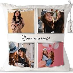 GiftsOnn Personalized 4 Photos with Your Text Pillow/Cushion - Cushion Cover with Filler, White, Set of 1, Satin, 12x12 Inches,Design-6-image-9