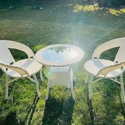 Prime Aura 2+1 Outdoor Wicker Bistro Set, White Chairs and Round Glass Top Table, Garden Patio Furniture Powder Coated Frame UV Protected EICKER Chair [D12 White]-12
