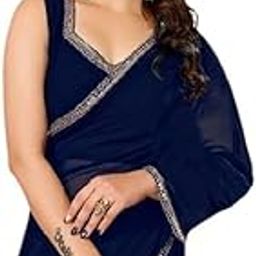 Women's Plain Georgette Sarees For Girls College Farewell & With Mirror Work Lace Border & Unstitched Blouse Material-image-13