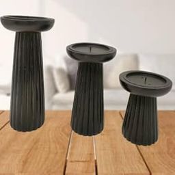 Modern Pillar Candle Holders Set of 3, Black Fluted Design, Decorative Table Centrepiece-image-72