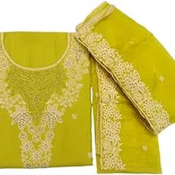 Women's Unstitched Suit Set, Yellow Cotton with White Embroidery, Traditional Floral Design-image-25