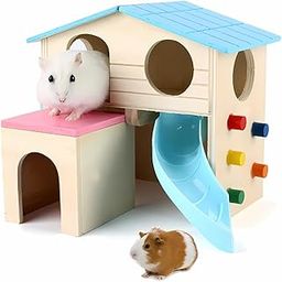 Pawcart Hamster House | 2-Storey with Slide, Ramp, Tunnel, Nesting Room, Peek Holes | Smooth Wooden Build with Blue Roof, Pink Platform | for Hamsters, Gerbils, Mice, Sugar Gliders-image-62