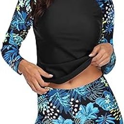Women Leaf Print Rash Guard Long Sleeve Swimsuits UV UPF 50+ Swim Shirt Bathing Suit with Boyshort Bottom XXL-image-46
