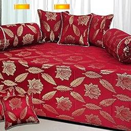 PEPONI Polycotton and Silk Floral Diwan Set, (Maroon and Gold, Small, 8 Pieces)-image-60