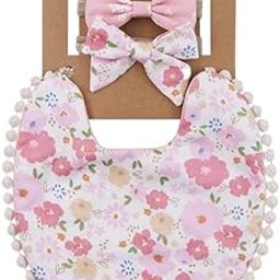 SNOWIE SOFT® Feeding Bib Set Flower Print Baby Girls Cloth Drooling Bib with 2Pcs Bow Hairband Hair Bands Tie Back Saliva Bib Baby Bib Washable Bib Baby Bibs for 6 to 12 Months Baby Feeding Products-picture-14