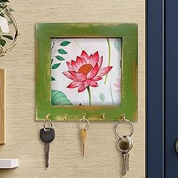Decorative Key Stand for Stylish Home Decor | Wooden Key Holder with Lotus Flower Art Print, Green Wooden Frame, 5 Hooks, Wall Mounted-image-47