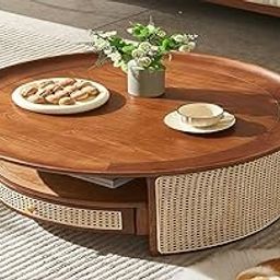 vodrohome Rattan Coffee Table with Drawer – Cane Center Table with Shelf for Storage – Bohemian Solid Mango Wood Coffee Table for Office and Living Room C#055 (Walnut Finish)-image-36