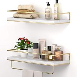 Home And Crafts Metal - Set Of 2, Wall Mounted Hanging Shelves With Golden Towel Rack, Decorative Storage Shelves For Bathroom, Kitchen, Living Room & Bedroom (White & Gold)-image-61