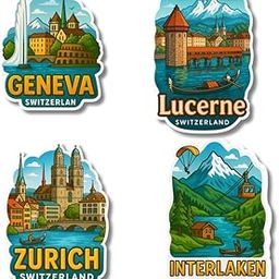 Regalo Casila Switzerland Fridge Magnet Set 4 Piece Souvenir Gift for Tourists Geneva Zurich Lucerne Interlaken Fridge Magnet for Kitchen Office Travel Keepsake Decor-image-73