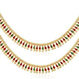 Gold Plated Red Green Synthetic Stone Studded Anklet Fancy Payal Fashion Jewellery for Women-picture-12