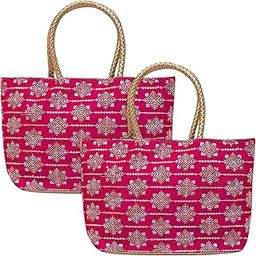 Kuber Industries Womens Hand Purse - Silk Wallet Embroidery Hand Bag - Shagun Gifts - Golden Handle Tote - Medium - Pack of 2 - Rani-picture-13