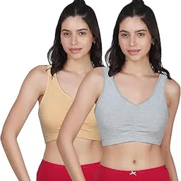 dchica Padded Sports Bra for Women's, High Impact Broad Strap Sports Bra, Removable Pads, Non Wired T-Shirt Bra, Full Coverage, Elasticated Underband, Daily Use Running Bra (Grey & Skin, Pack of 2)-picture-25