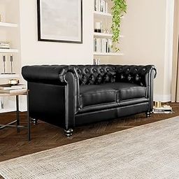 ES ESPINHO ESPN0001 Solid Sal Wood Leatherette Upholstered Button Tufted Chesterfield 2 Seater Sofa Set for Living Room, Black Color-image-17