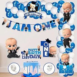Zyozique 1st Birthday Boss Baby Theme Balloon arc decoration,Boss Baby Theme First Birthday for Boys with Birthday Paper Banner Cardstock Cake Toppers Balloons Birthday Decoration Kit (Pack of 60)-15