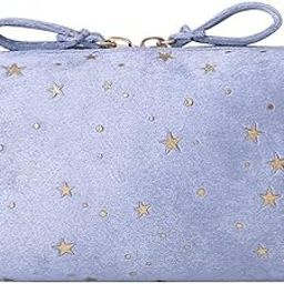 BLUE BEADS Star Print Mini Cosmetic Velvet Makeup Pouch Portable Travel Toiletry Bag for Women and Girls 14 x 10 x 6 cm (Blue)-image-22