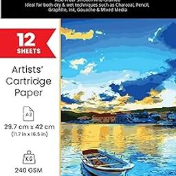ARTIOS Mixed Media Cartridge Paper A3 240 GSM - 12 Drawing Sheets for Artists, Ideal for Charcoal, Graphite, Acrylic, Watercolor, Gouache, Ink, & Other Mixed Media-picture-19