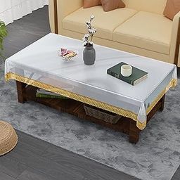 Kuber Industries 40x60 Inch PVC 4 Seater Centre Table Cover | Waterproof & Spill-Resistant Table Cover Cloth | Table Protector for Home, Living Room & Office | Golden Lace Champagne - Transparent-56