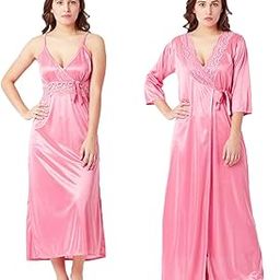 Women's Satin Solid Maxi Length Nighty with Robe (RN333-666_Pink_Free Size) (Nightwear Set Pack of 2)-image-1