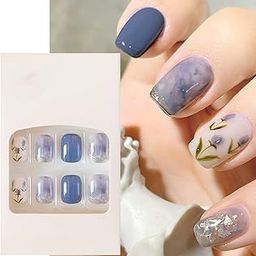 S.A.V.I 24 PCs - Blue Floral Press-On Nails, Short Fake Nail Set, Easy Manicure, Trendy Design-42