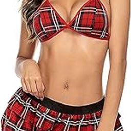 Women's Spandex Lycra Shiny Front Knot Mini Blouse with Skirt Babydoll Set Pole Fantasy Dance Costume Dress (Red, S)-picture-19