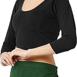 Women's Cotton Stretchable Scoop Neck 3/4 Sleeve with Back Scoop Regular Fit Readymade Saree Black Blouses for Womens L387-image-57