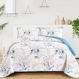 Anibedding Botanical Quilt Set Queen,3 Pieces Reversible Elegant Blue Leaves Pattern Bedspread Coverlet Soft Microfiber Bed Cover for All Season (96"×90"-image-60