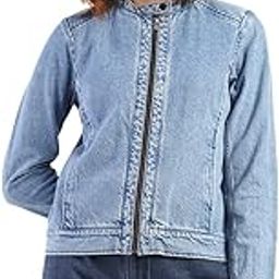 Women's Cotton Blend Solid Band Collar Standard Length Denim Jacket-picture-21