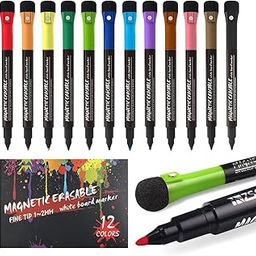 KRYTONE�12 Colors Magnetic Fine Tip Dry Erase Markers with Erasers, Low Odor Fine Point Erasable Whiteboard Marker Pen for Classroom Work Office Supplies (12 Colors)-6