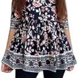 Women's Floral Print Empire Waist Tunic Top, Navy Blue with Pink Flowers, 3/4 Sleeves-image-2