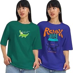 100% Pure Cotton, Pack of 2,Round Neck, Oversized Loose,Drop Shoulder,Graphic Printed, Half Sleeve T-Shirts for Women & Girls, in Different Colors, with Sizes Range from S to 2XL.-12
