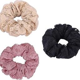 MASQ by Q-One Hair Accessories, Beaded Embroidered, Handmade, Satin Organza Lace Scrunchies/Hair Bands for Women, Girls with Elastic (Black-Pink-Beige, Pack of 3)-image-4